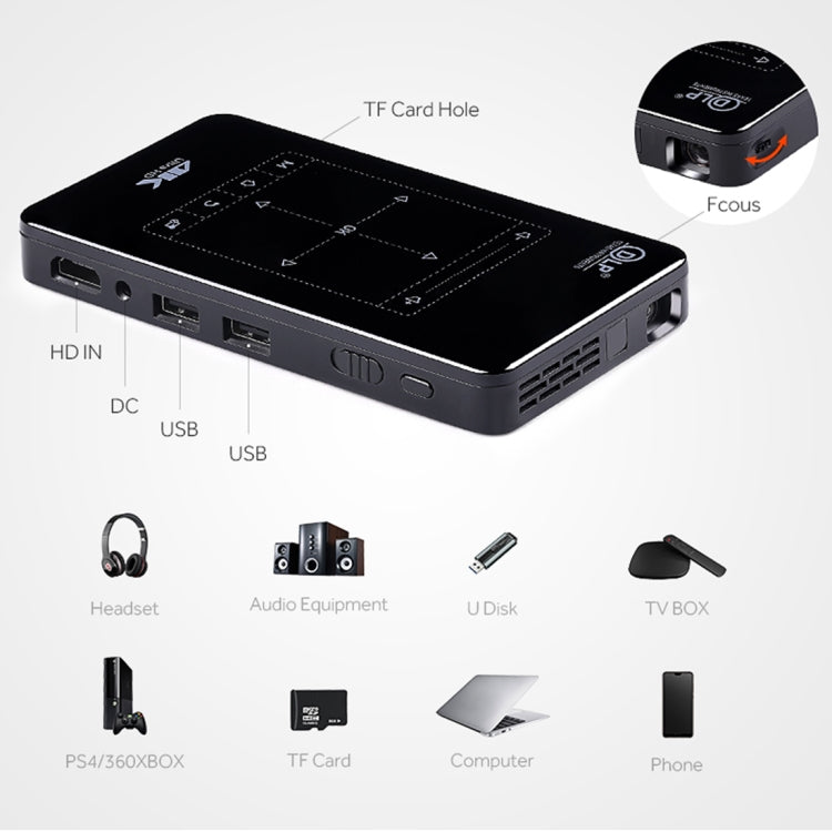 AUN D7 200 ANSI Lumens 854 x 480(WVGA) 4K Touch Panel Mini Projector, Android 6.0, Amlogic S905X, Quad Core ARM Cortex-A53 up to 1.5GHz, 2GB + 16GB, Support Bluetooth / Dual Band WiFi(Black)