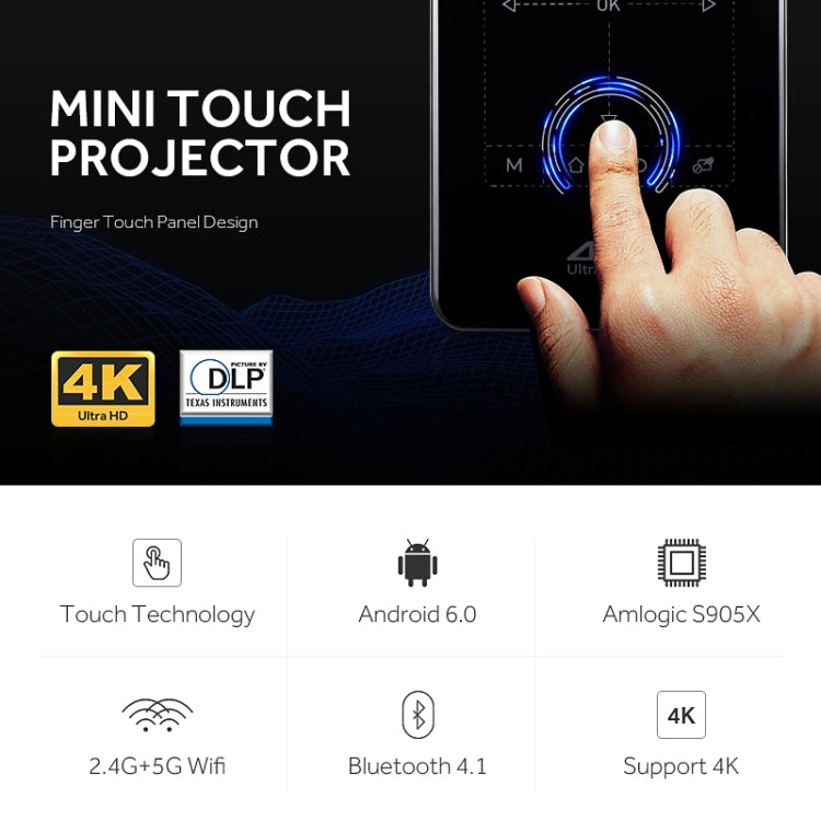 AUN D7 200 ANSI Lumens 854 x 480(WVGA) 4K Touch Panel Mini Projector, Android 6.0, Amlogic S905X, Quad Core ARM Cortex-A53 up to 1.5GHz, 1GB + 8GB, Support Bluetooth / Dual Band WiFi(Black)