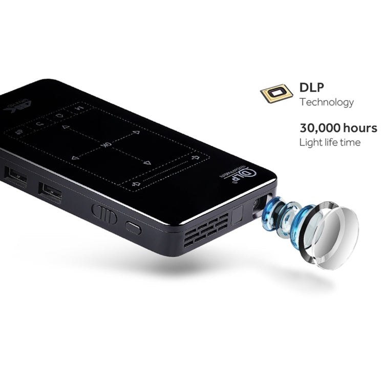 AUN D7 200 ANSI Lumens 854 x 480(WVGA) 4K Touch Panel Mini Projector, Android 6.0, Amlogic S905X, Quad Core ARM Cortex-A53 up to 1.5GHz, 1GB + 8GB, Support Bluetooth / Dual Band WiFi(Black)