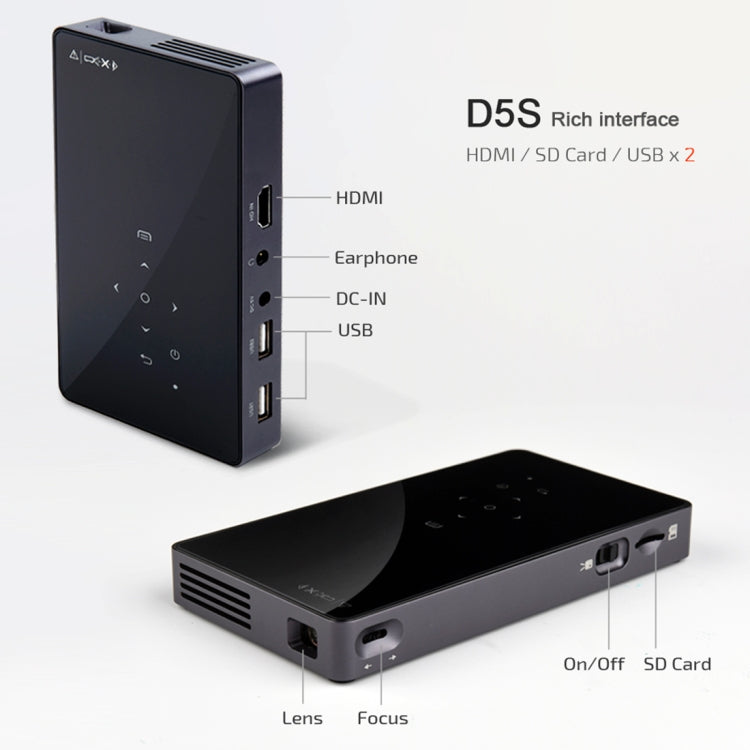 AUN D5S 200 ANSI Lumens 854 x 480(WVGA) DLP Display Portable Projector, Quad Core ARM RK3128, Android 6.0, 1GB + 8GB, Support Bluetooth / WiFi(Black)