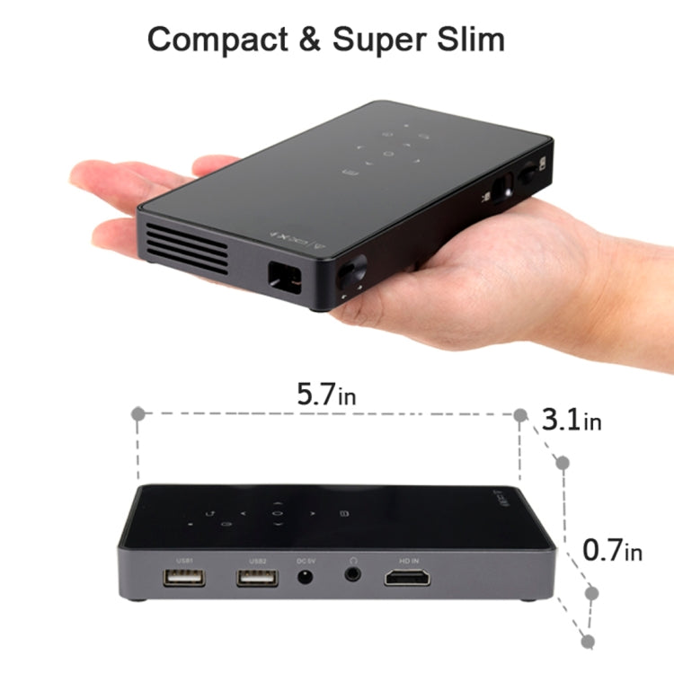 AUN D5S 200 ANSI Lumens 854 x 480(WVGA) DLP Display Portable Projector, Quad Core ARM RK3128, Android 6.0, 1GB + 8GB, Support Bluetooth / WiFi(Black)