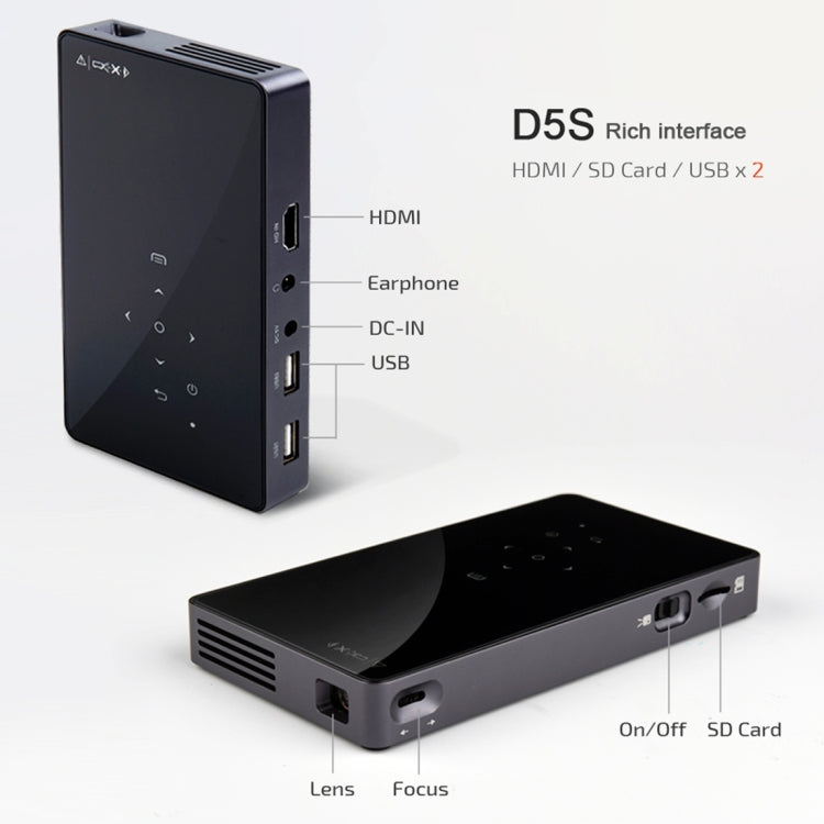 AUN D5S 200 ANSI Lumens 854 x 480(WVGA) DLP Display Portable Projector, Quad Core ARM RK3128, Android 6.0, 2GB + 32GB, Support Bluetooth / WiFi (Black)