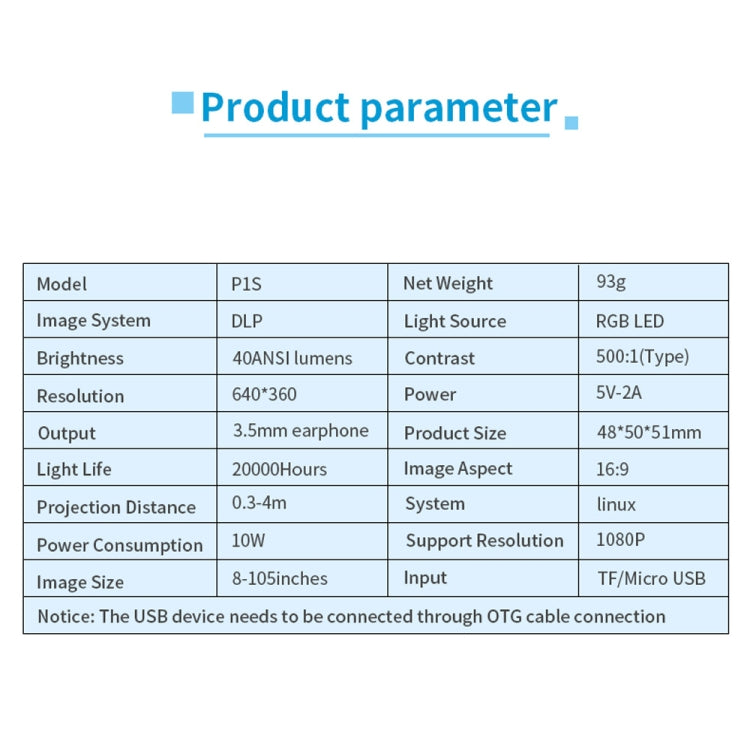 P1S 5V 2A Output DLP Optical Engine USB Charging LED Micro WiFi Projector Pocket Beamer Home Theater with Indicator light, Support TF Card & WiFi & Android / Apple Phone