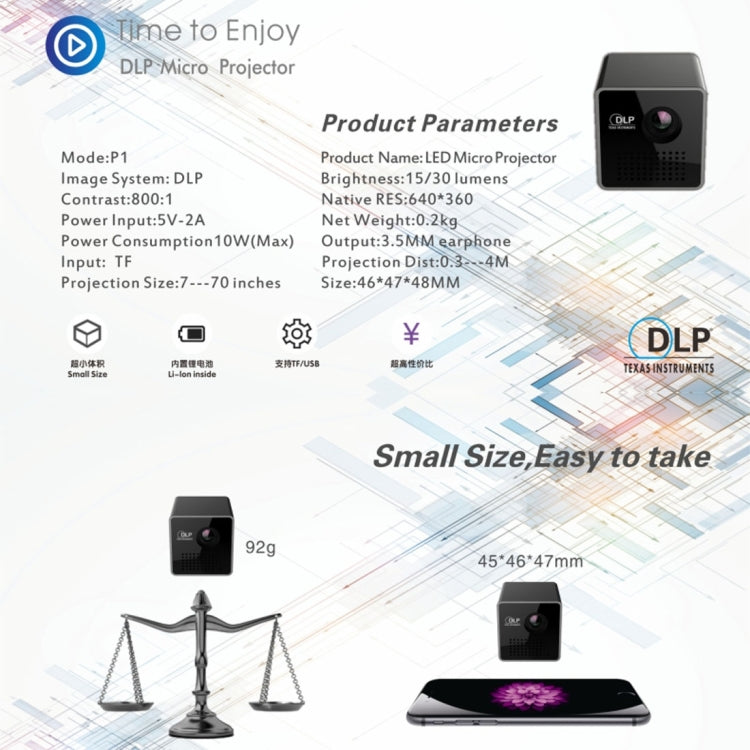 P1 5V 2A Output DLP Image System USB Charging LED Micro Projector Pocket Beamer Home Theater with Indicator light, Support TF Card(Black)