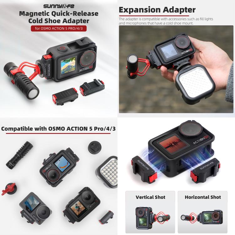 For DJI Osmo Action 5 Pro / 4 / 3 Sunnylife Foldable Magnetic Quick Release Mount + Magnetic Cold Shoe Adapter  - Black