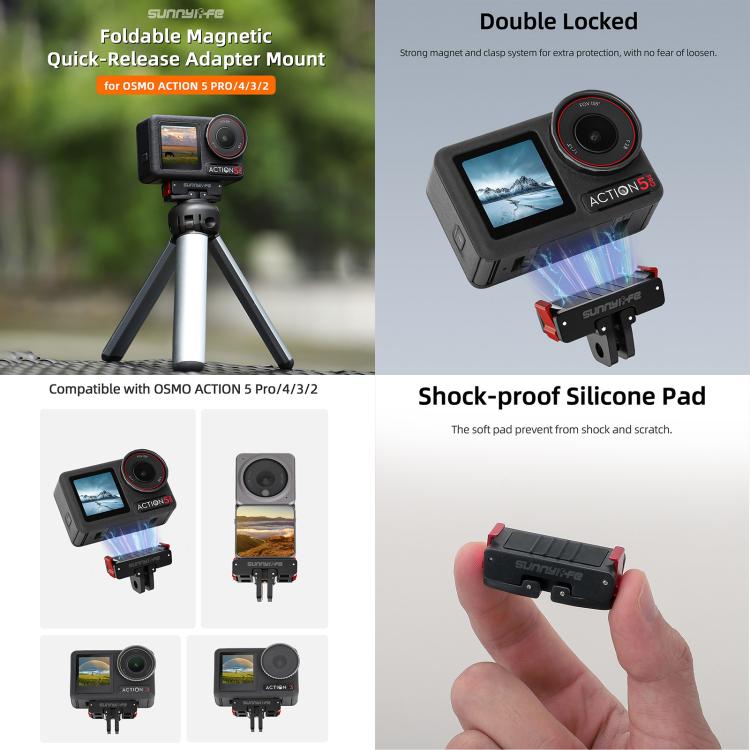 For DJI Osmo Action 5 Pro / 4 / 3 Sunnylife Foldable Magnetic Quick Release Mount + Magnetic Cold Shoe Adapter  - Black