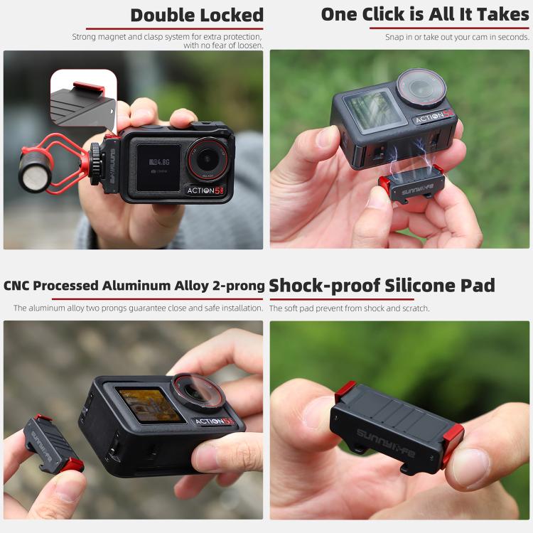 For DJI Osmo Action 5 Pro / 4 / 3 Sunnylife Foldable Magnetic Quick Release Mount + Magnetic Cold Shoe Adapter  - Black
