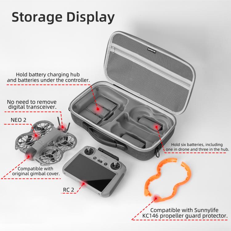 For DJI Neo 2 Sunnylife Portable Carrying Case Combo Shoulder Bag Protective Bag Hard Travel Case  - Grey
