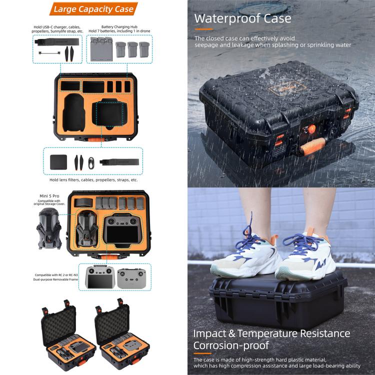 For DJI Mini 5 Pro Sunnylife Safety Hard Travel Bag Large Capacity Waterproof Shock-proof Box  - Black