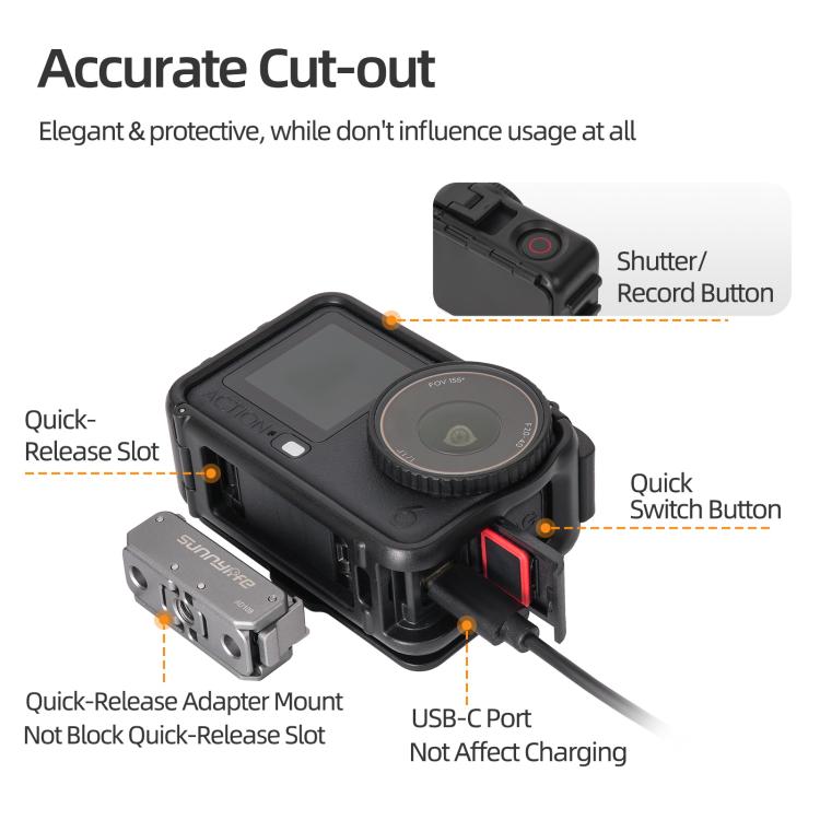 For DJI Osmo Action 6 Sunnylife Protective Case Frame Mount AdapterHousing Case with Detachable Sun Hood  - Black