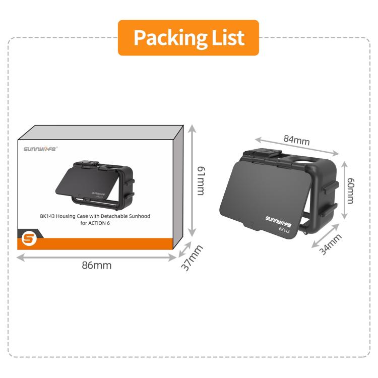 For DJI Osmo Action 6 Sunnylife Protective Case Frame Mount AdapterHousing Case with Detachable Sun Hood  - Black