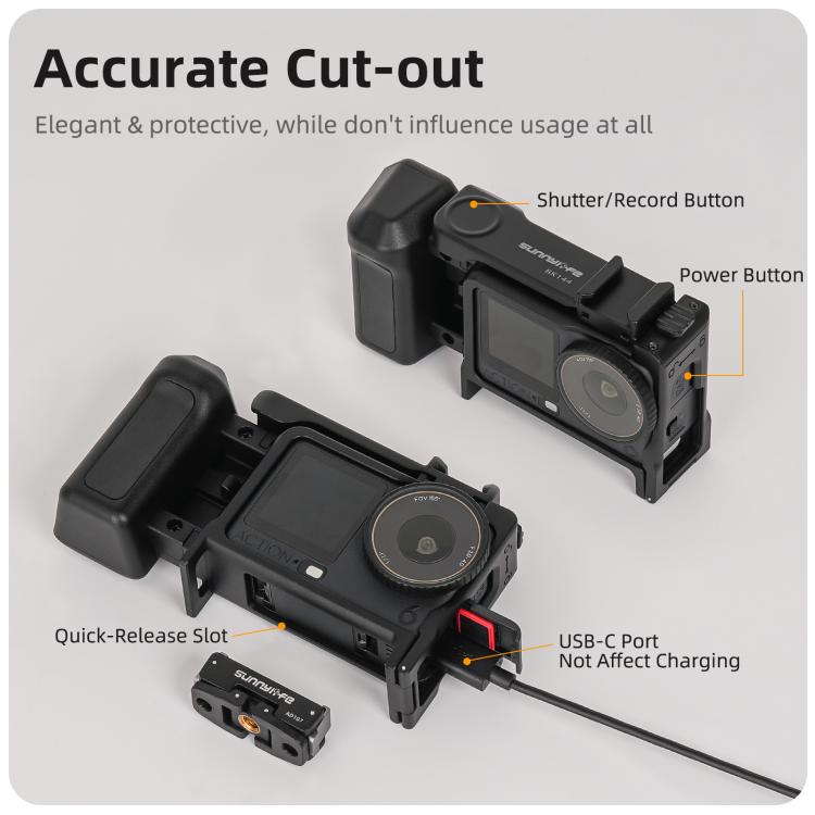 For DJI Osmo Action 6 Sunnylife 2-in-1 Detachable Protective Frame & Street Photography Handle Ergonomic Hand Grip Quick Release Shutter Handle  - Black