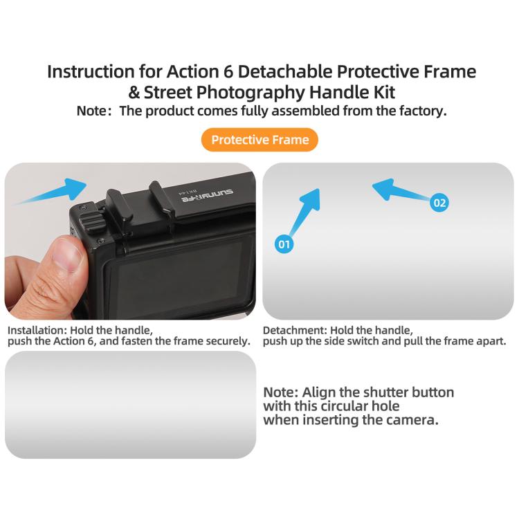 For DJI Osmo Action 6 Sunnylife 2-in-1 Detachable Protective Frame & Street Photography Handle Ergonomic Hand Grip Quick Release Shutter Handle  - Black