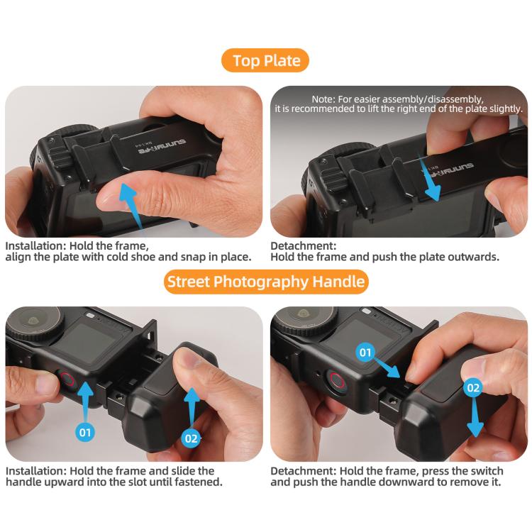For DJI Osmo Action 6 Sunnylife 2-in-1 Detachable Protective Frame & Street Photography Handle Ergonomic Hand Grip Quick Release Shutter Handle  - Black