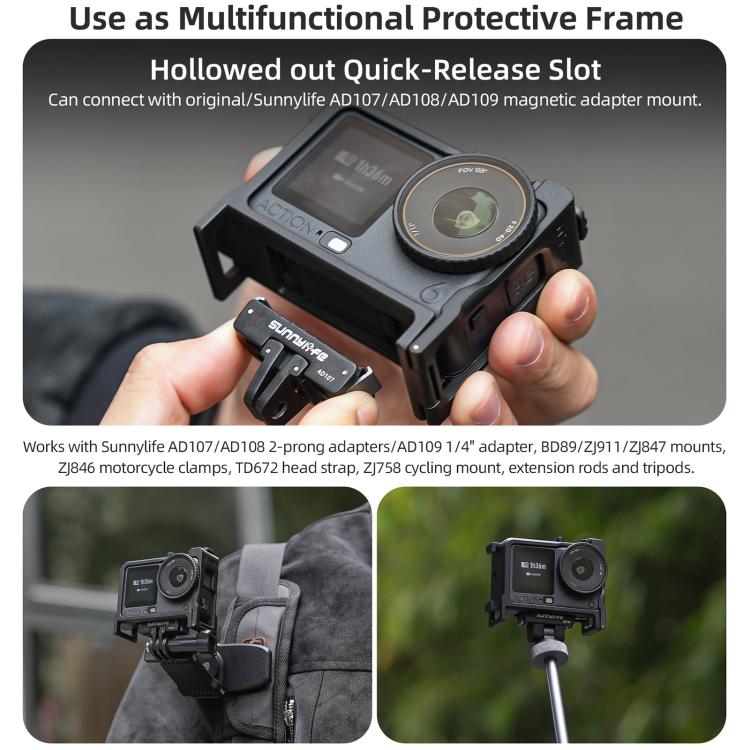 For DJI Osmo Action 6 Sunnylife 2-in-1 Detachable Protective Frame & Street Photography Handle Ergonomic Hand Grip Quick Release Shutter Handle  - Black