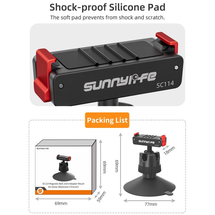 Sunnylife Magnetic Quick-Release Ball-Joint Adapter Mount 360 Rotatable Suction Cup Bracket For DJI Osmo 360 / Action 5 Pro / 4 / 3  - Black