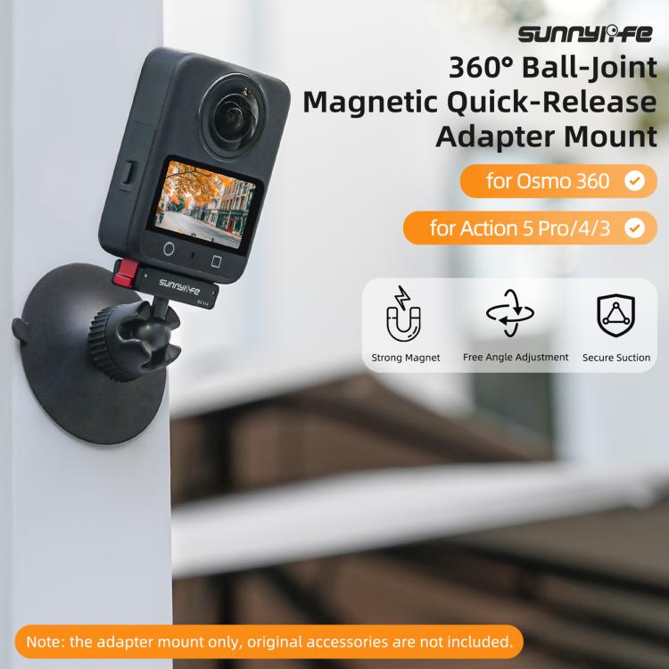 Sunnylife Magnetic Quick-Release Ball-Joint Adapter Mount 360 Rotatable Suction Cup Bracket For DJI Osmo 360 / Action 5 Pro / 4 / 3  - Black