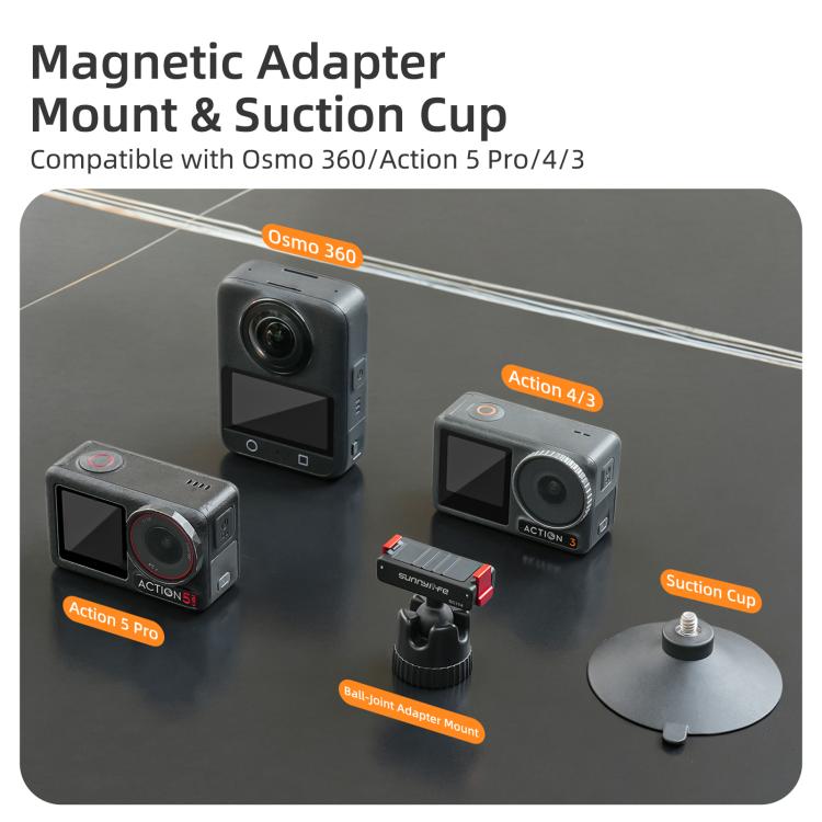 Sunnylife Magnetic Quick-Release Ball-Joint Adapter Mount 360 Rotatable Suction Cup Bracket For DJI Osmo 360 / Action 5 Pro / 4 / 3  - Black