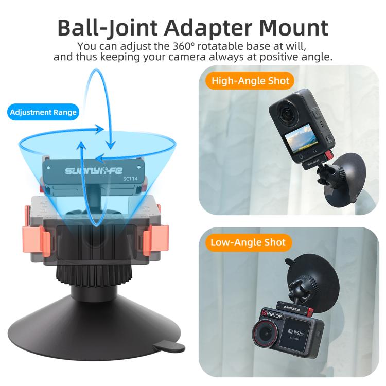 Sunnylife Magnetic Quick-Release Ball-Joint Adapter Mount 360 Rotatable Suction Cup Bracket For DJI Osmo 360 / Action 5 Pro / 4 / 3  - Black