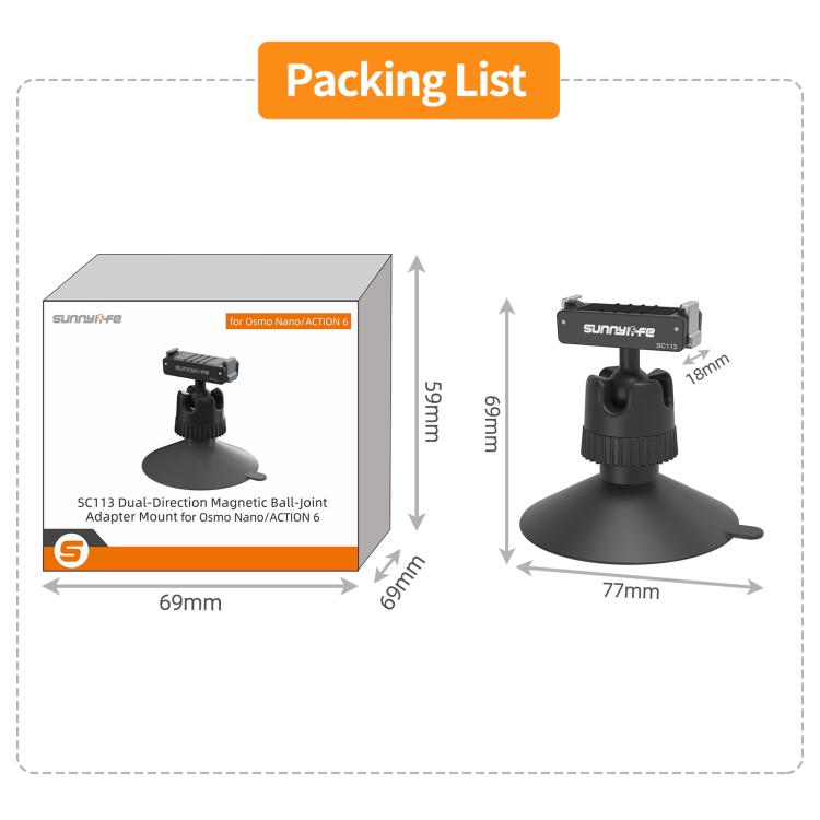 Sunnylife Dual-Direction Magnetic Quick-Release Ball-Joint Adapter Mount 360 Rotatable Suction Cup Bracket For DJI Osmo Nano / Action 6  - Black