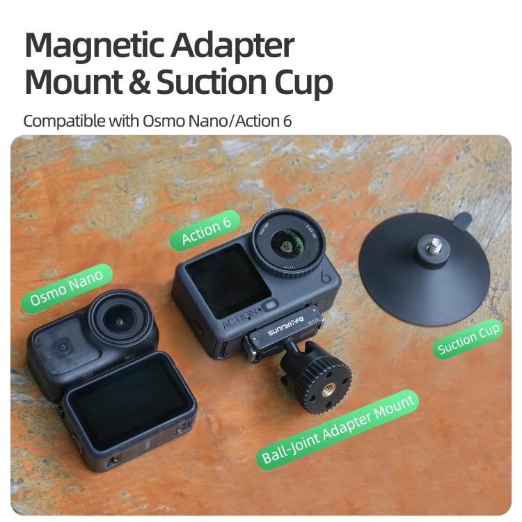 Sunnylife Dual-Direction Magnetic Quick-Release Ball-Joint Adapter Mount 360 Rotatable Suction Cup Bracket For DJI Osmo Nano / Action 6  - Black