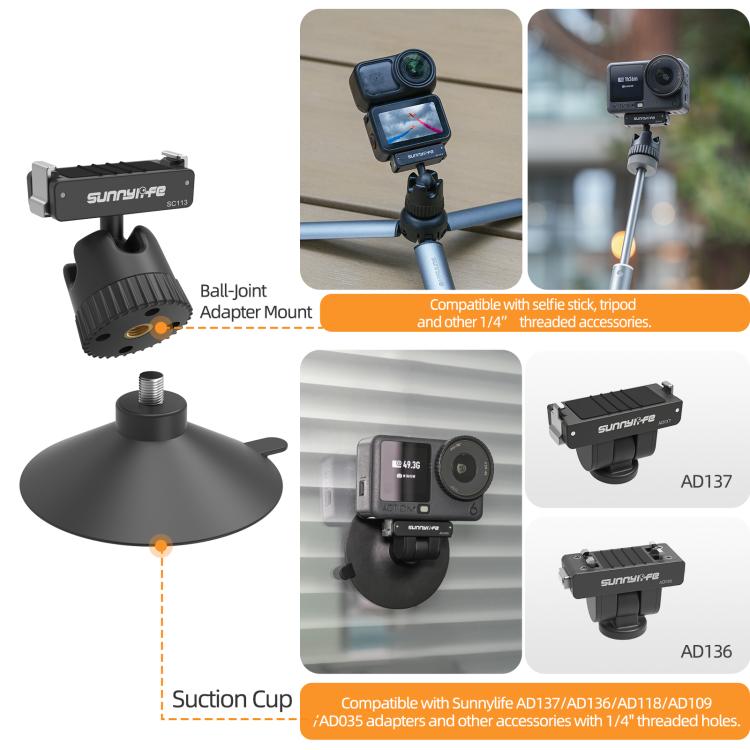 Sunnylife Dual-Direction Magnetic Quick-Release Ball-Joint Adapter Mount 360 Rotatable Suction Cup Bracket For DJI Osmo Nano / Action 6  - Black
