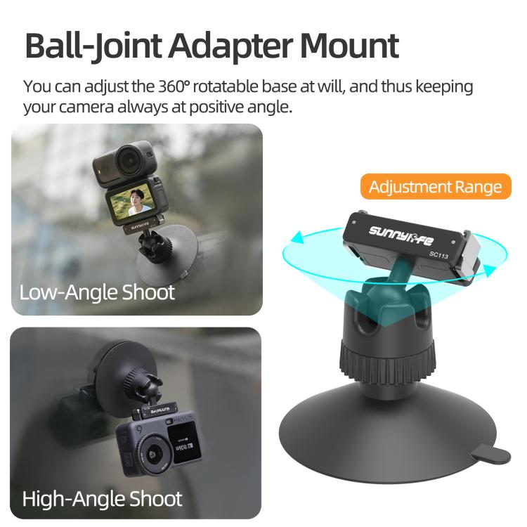 Sunnylife Dual-Direction Magnetic Quick-Release Ball-Joint Adapter Mount 360 Rotatable Suction Cup Bracket For DJI Osmo Nano / Action 6  - Black