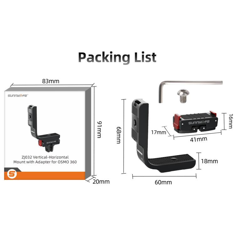 For DJI Osmo 360 Sunnylife Metal L-Type Vertical-Horizontal Mount with Magnetic Adapter Quick Release Mount Adapter Stand  - Black