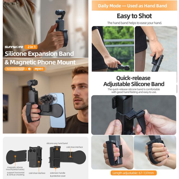 For DJI Osmo Pocket 3 Sunnylife Hand Band Magnetic Expansion Adapter Phone Teleprompter Holder Mount Extension Handle  - Black