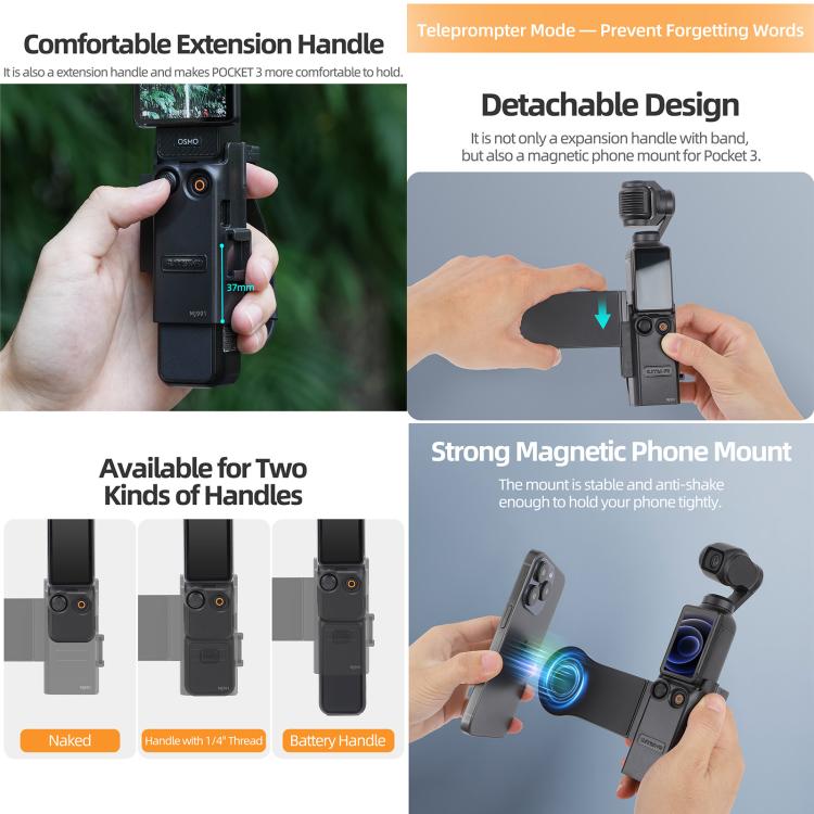 For DJI Osmo Pocket 3 Sunnylife Hand Band Magnetic Expansion Adapter Phone Teleprompter Holder Mount Extension Handle  - Black