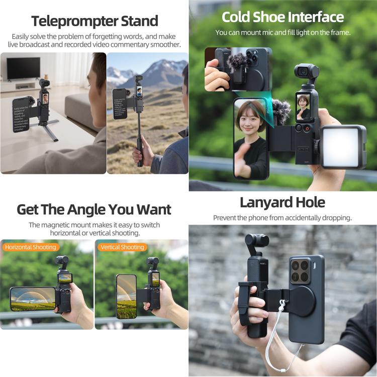 For DJI Osmo Pocket 3 Sunnylife Hand Band Magnetic Expansion Adapter Phone Teleprompter Holder Mount Extension Handle  - Black