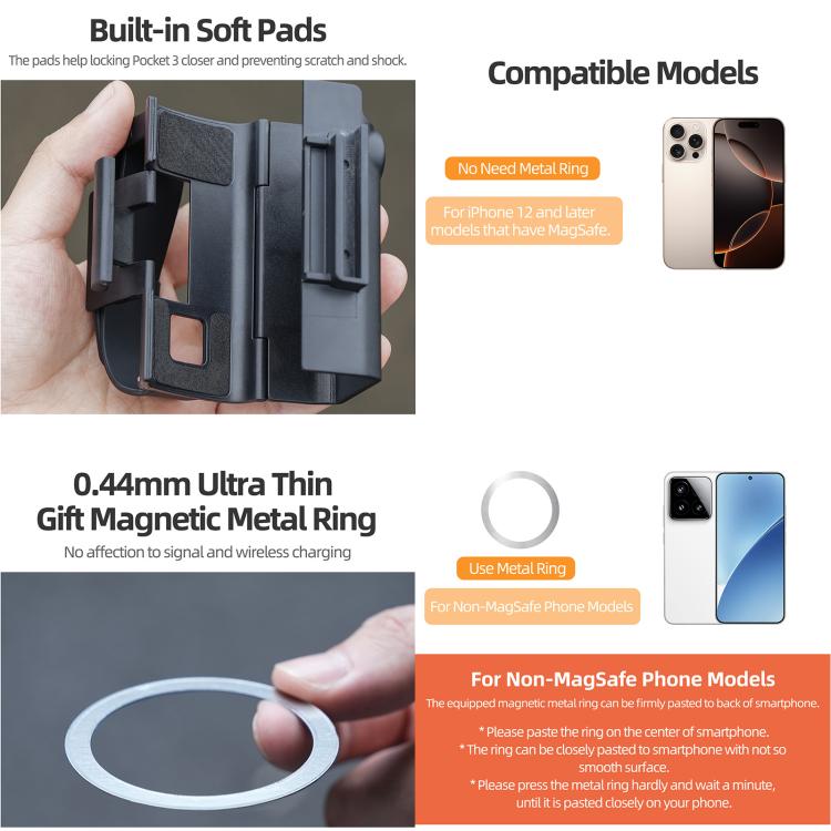 For DJI Osmo Pocket 3 Sunnylife Hand Band Magnetic Expansion Adapter Phone Teleprompter Holder Mount Extension Handle  - Black
