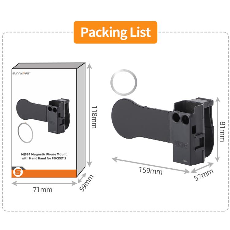 For DJI Osmo Pocket 3 Sunnylife Hand Band Magnetic Expansion Adapter Phone Teleprompter Holder Mount Extension Handle  - Black