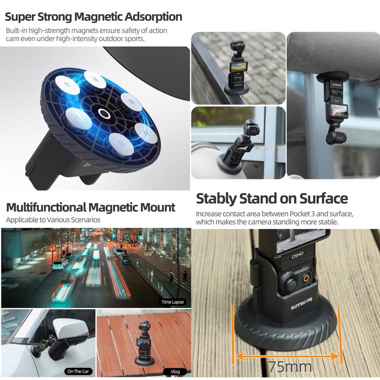 For DJI Osmo Pocket 4 / 3 Sunnylife Magnetic Base Mount Tabletop Base Stand Holder  - Black
