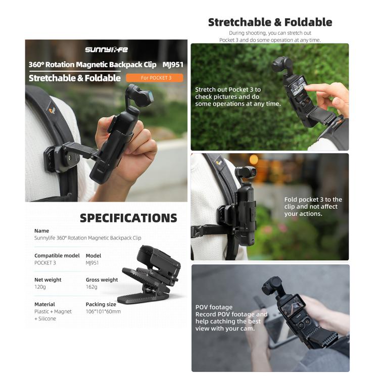 For DJI Osmo Pocket 4 / 3 Sunnylife Stretchable Backpack Clip Rotatable Magnetic Mount Action Camera Holder Vlog Mount  - Black