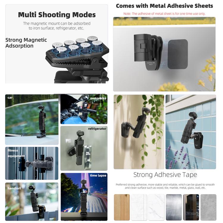 For DJI Osmo Pocket 4 / 3 Sunnylife Stretchable Backpack Clip Rotatable Magnetic Mount Action Camera Holder Vlog Mount  - Black