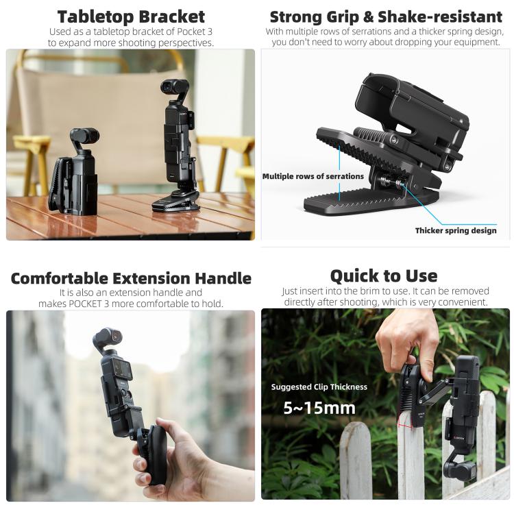 For DJI Osmo Pocket 4 / 3 Sunnylife Stretchable Backpack Clip Rotatable Magnetic Mount Action Camera Holder Vlog Mount  - Black