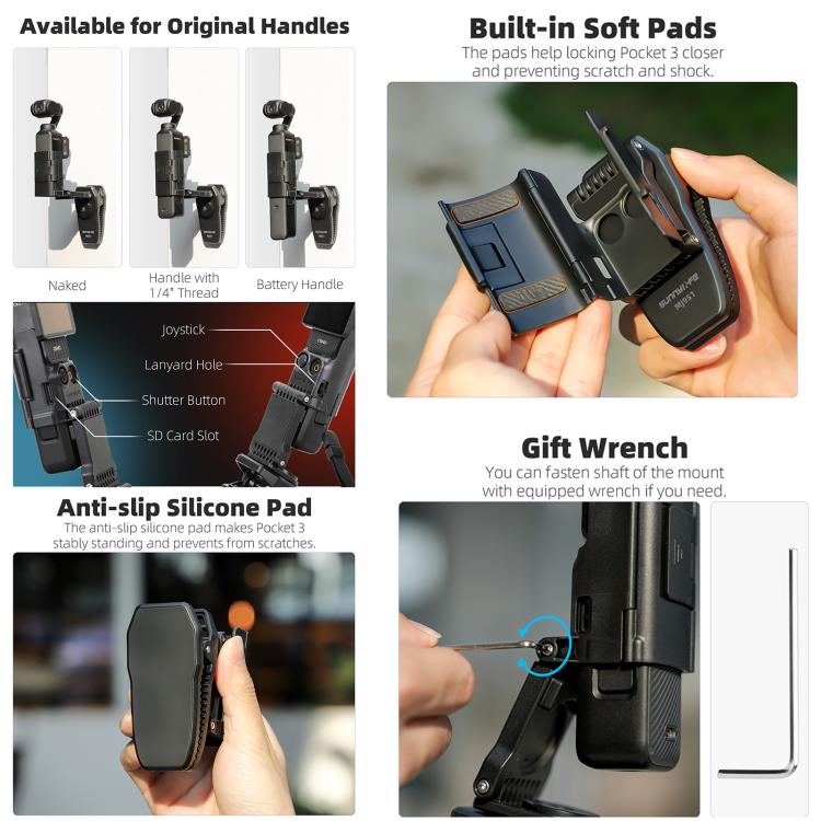 For DJI Osmo Pocket 4 / 3 Sunnylife Stretchable Backpack Clip Rotatable Magnetic Mount Action Camera Holder Vlog Mount  - Black