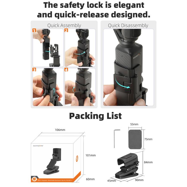 For DJI Osmo Pocket 4 / 3 Sunnylife Stretchable Backpack Clip Rotatable Magnetic Mount Action Camera Holder Vlog Mount  - Black