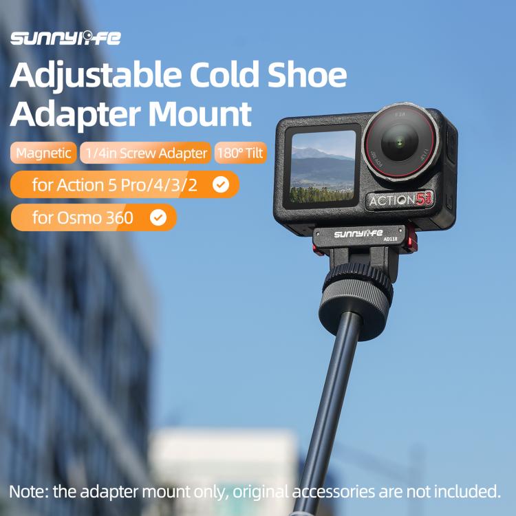Sunnylife AD118 Sunnylife Cold Shoe Magnetic Quick Release Adapter Mount 1/4 180 Tilt Adjustable Selfie Stick Adapter Stand For DJI Osmo 360 / Action 5 Pro / 4 / 3  - Black