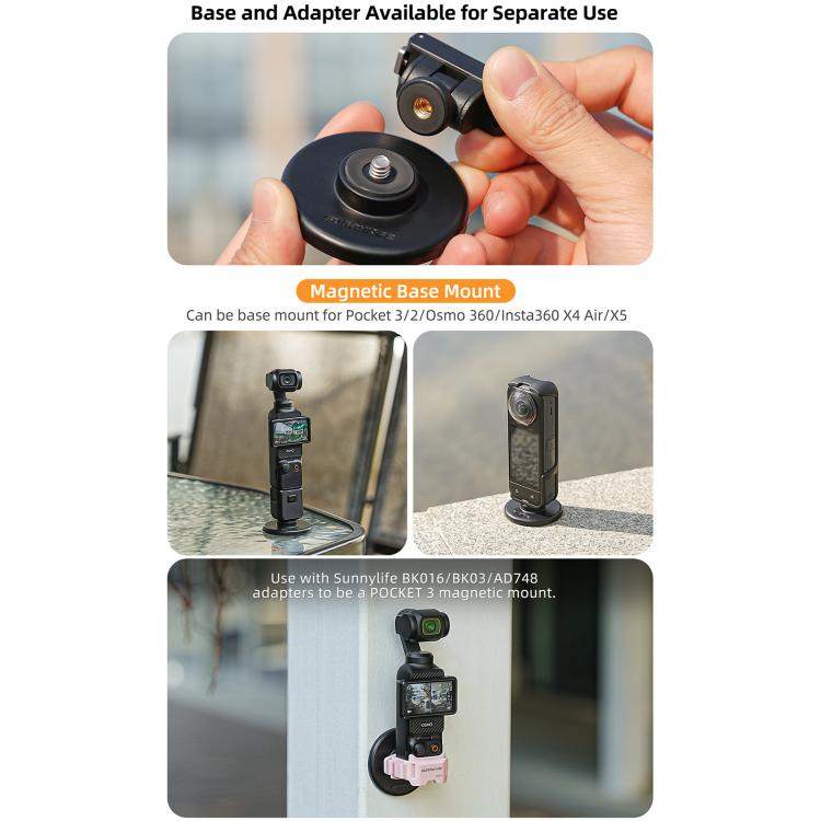 Sunnylife Quick-Release Dual-Direction Magnetic Base Mount 1/4 180 Tilt Adjustable Tabletop Base Bracket For DJI Osmo Nano / Action 6  - Black