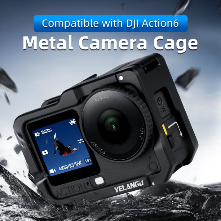 For DJI Osmo Action 6 YELANGU Metal Camera Cage Frame with Cold Shoe  - Black