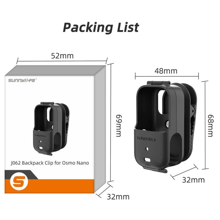 For DJI Osmo Nano Sunnylife Backpack Clip Action Camera Clamp 360 Degree Rotation Vertical-Horizontal Mount  - Black
