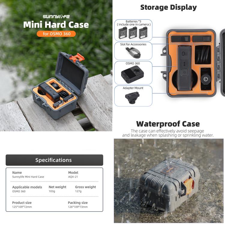 For DJI Osmo 360 Sunnylife Mini Travel Box Waterproof Carrying Box Shock-proof Hard Shell  - Grey