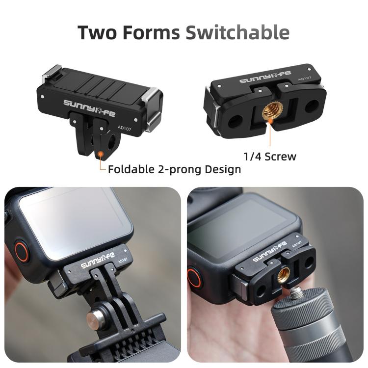 For DJI Osmo 360 Sunnylife Dual-Direction Magnetic Mount Quick-Release 1/4 Screw Foldable 2-prong Design Adapter Mount  - Black