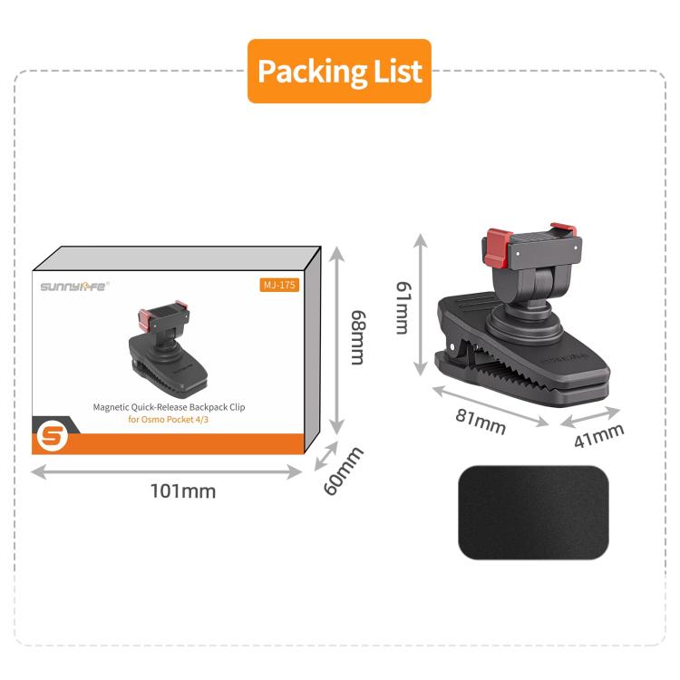 For DJI Osmo Pocket 4 / 3 Sunnylife Magnetic Quick-Release Adjustable Backpack Clip Action Camera Clamp Vertical-Horizontal Mount  - Black