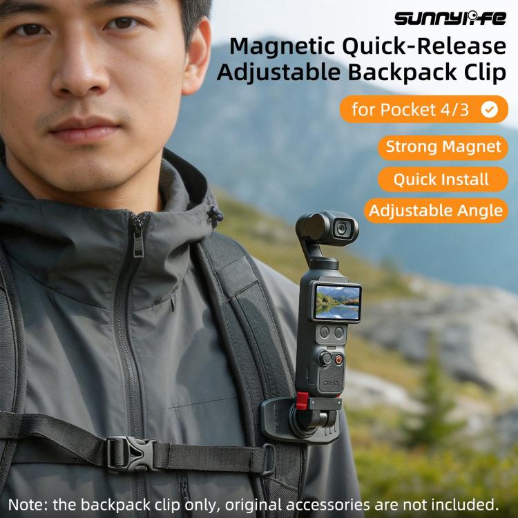 For DJI Osmo Pocket 4 / 3 Sunnylife Magnetic Quick-Release Adjustable Backpack Clip Action Camera Clamp Vertical-Horizontal Mount  - Black