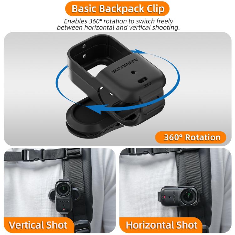 For DJI Osmo Nano Sunnylife Backpack Clip Action Camera Clamp 360 Rotation Vertical-Horizontal Mount 90 Tilt Upgraded Backpack Clip  - Black