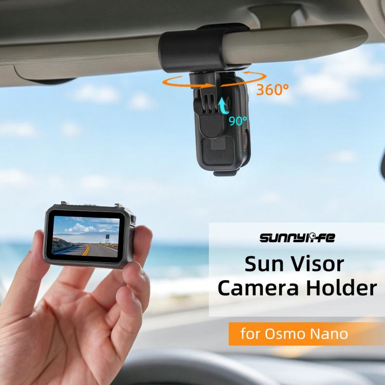 For DJI Osmo Nano Sunnylife Car Sun Visor Mount Action Camera Holder 360 Rotating 90 Tilt Sun Visor Holder  - Black