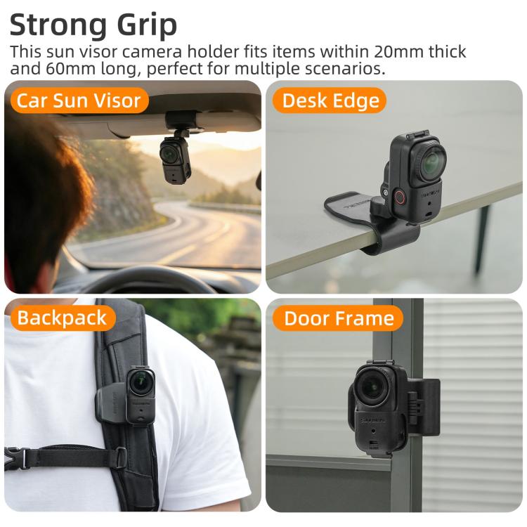 For DJI Osmo Nano Sunnylife Car Sun Visor Mount Action Camera Holder 360 Rotating 90 Tilt Sun Visor Holder  - Black